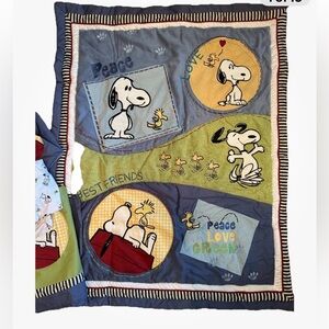 Vtg Lambs & Ivy Classic Snoopy 4 Piece Baby Crib Bedding Set Peace And Love